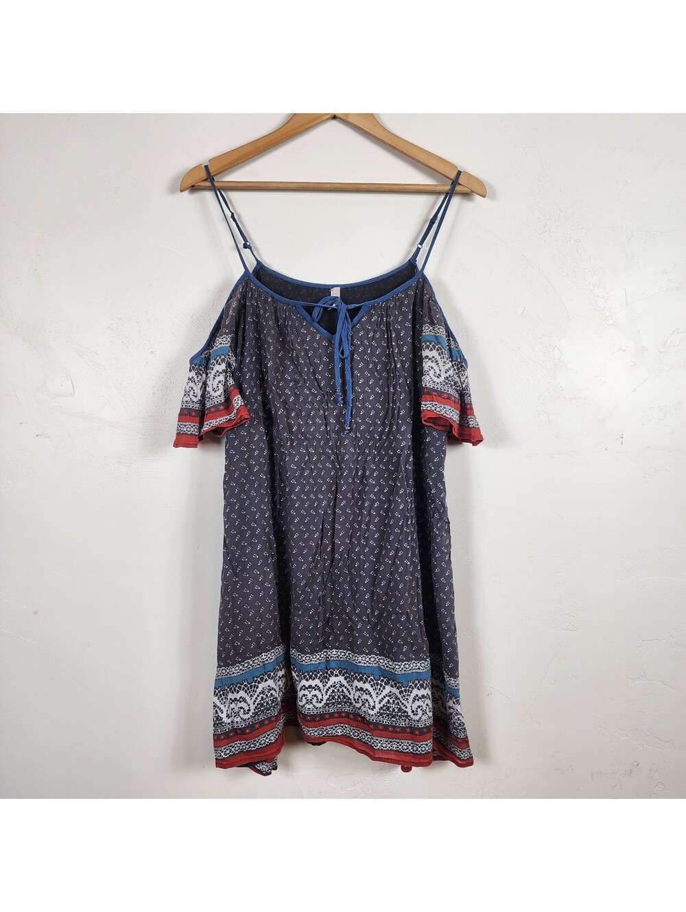 Free People Festival Dress Small Blue Peasant Cold Shoulder Boho Mini Ruffle